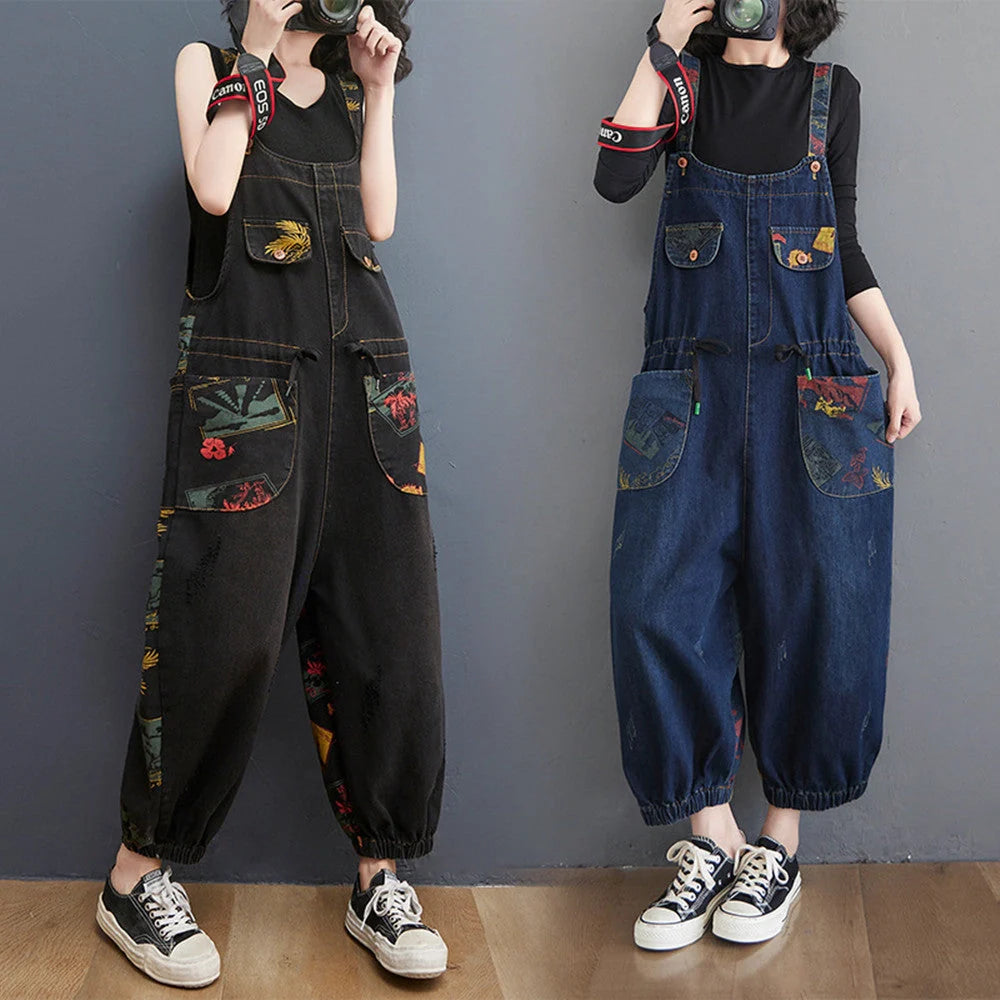 Plus size floral print suspender jeans in black and blue, made from durable denim cotton.