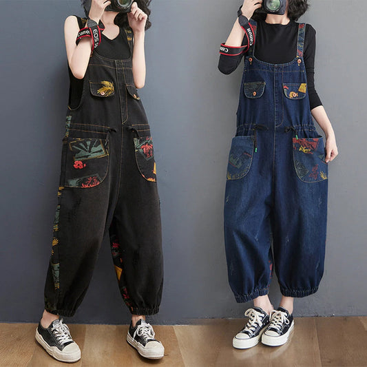 Plus size floral print suspender jeans in black and blue, made from durable denim cotton.