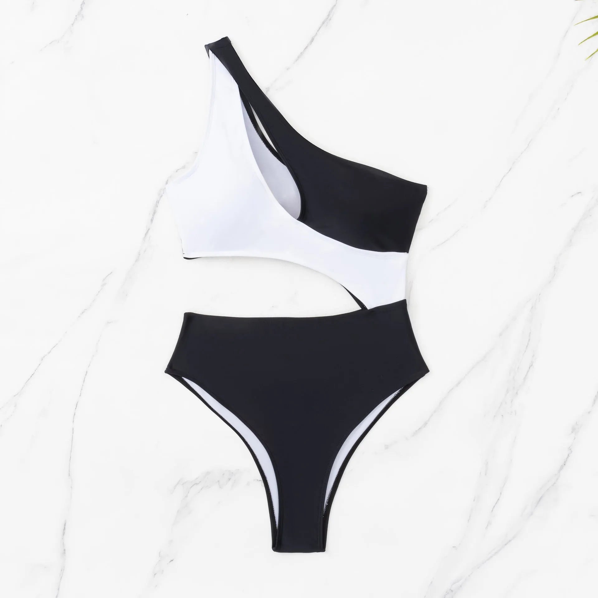 Black women's one-piece swimsuit with white contrast stitching and hollow back design