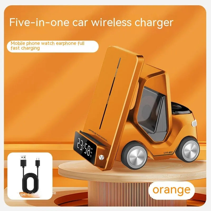 15W three-in-one wireless charging stand in grey, holding a phone, earbuds, and a smartwatch.