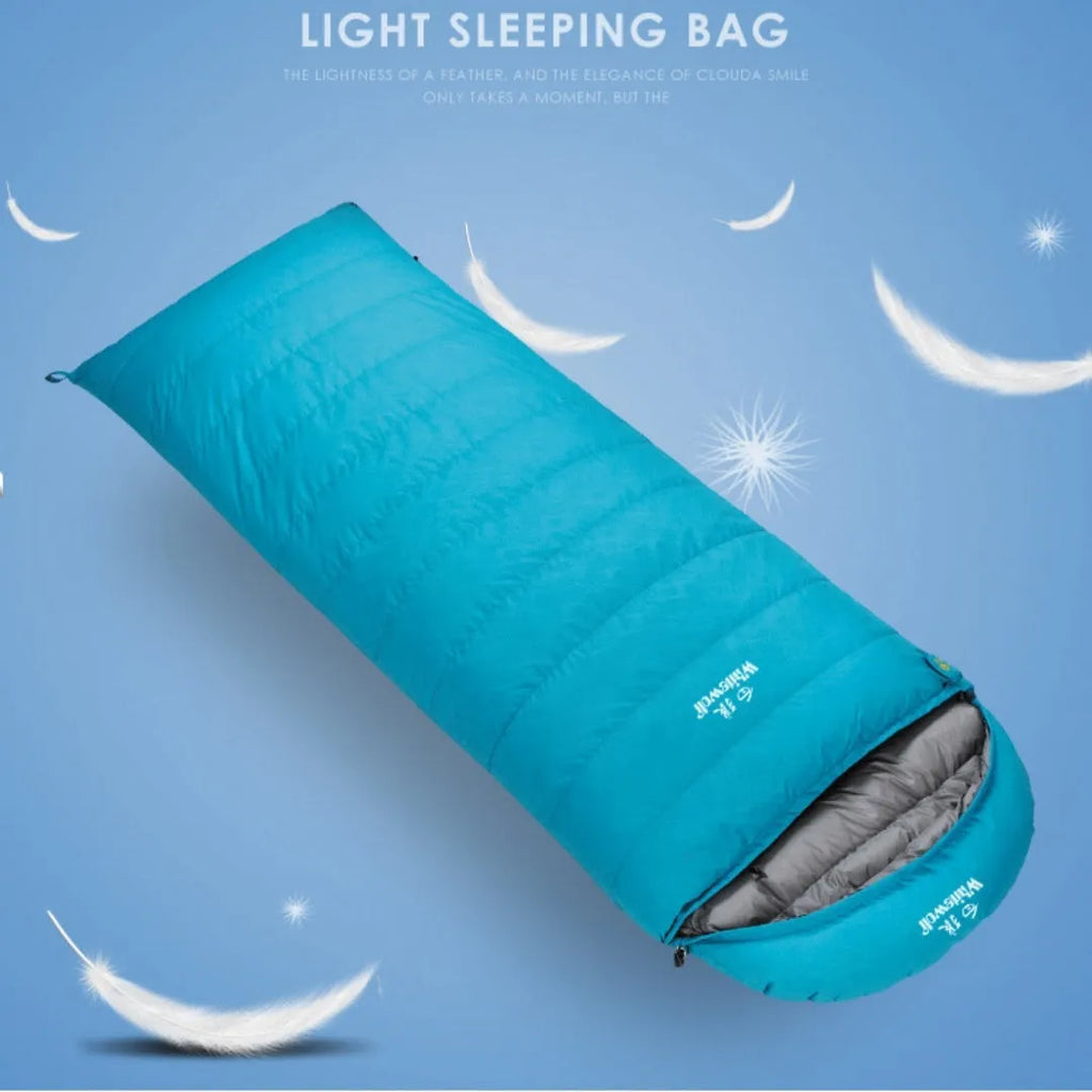Black outdoor sleeping bag with goose down filling and durable nylon fabric.