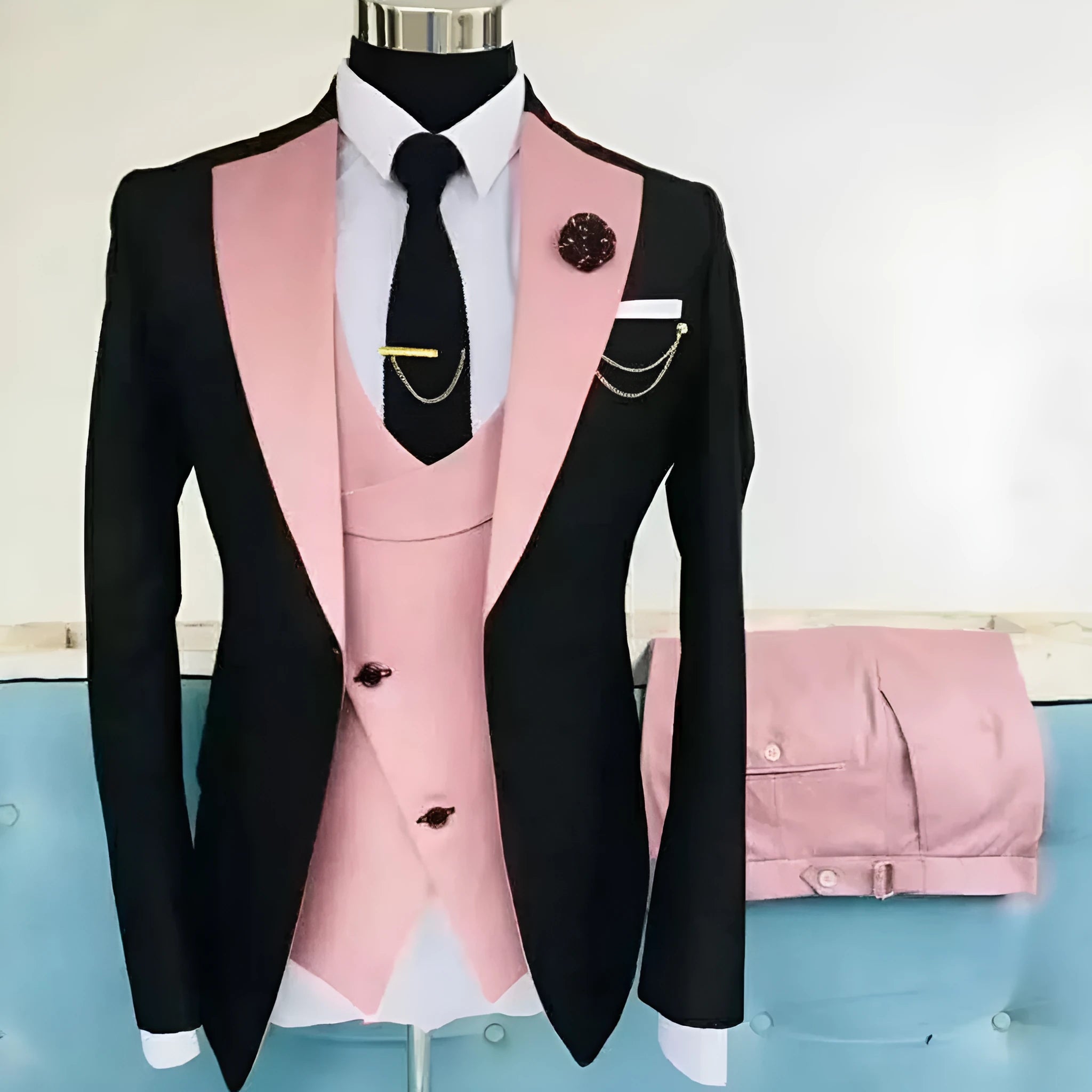 Men's slim fit three-piece cotton suit in a black-based colour for wedding or business wear.