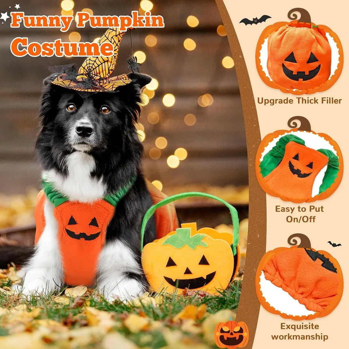 Pumpkin plush Halloween costume on small dog with pullover design and bright orange colour