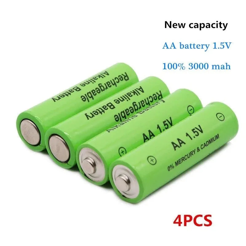 Green alkaline AA rechargeable battery with 3000mAh capacity and 1.5V rating on label.