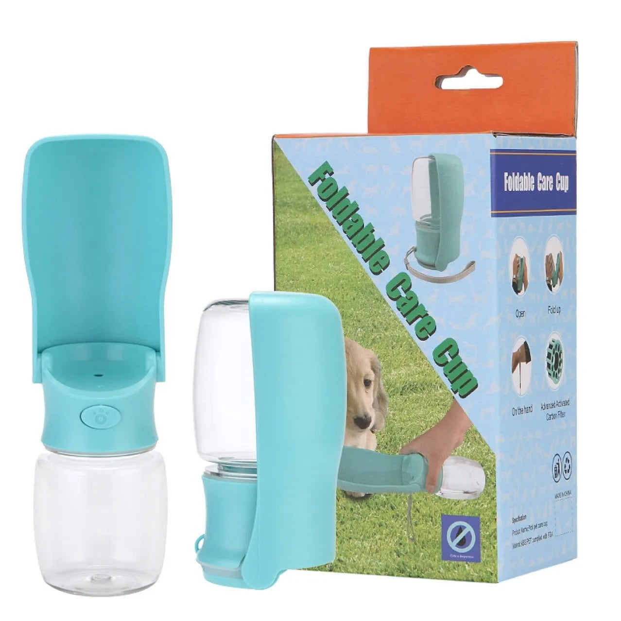 Collapsible dog water bottle with foldable pet water dispenser in blue, pink, or white colour options
