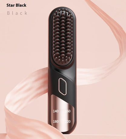 Cordless hair straightener brush in pink, black, and purple options for wet and dry hair styling
