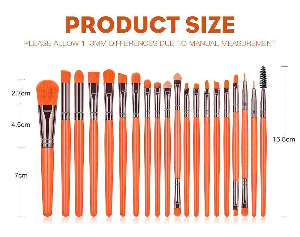 20-piece fluorescent makeup brush set with plastic handles and nylon wool bristles in OPP bag
