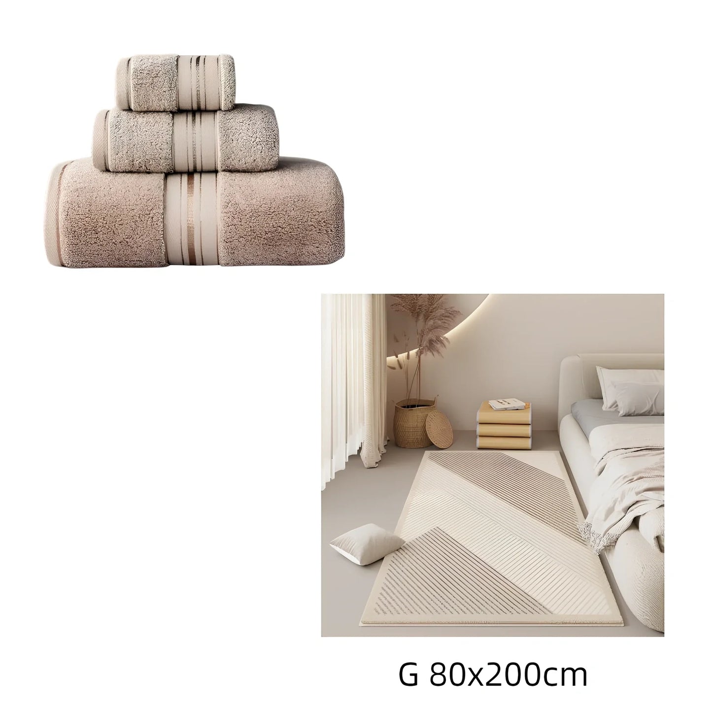 Three-piece cotton bath towel set in blue, featuring 70x150cm bath towel, 34x75cm hand towel, and 34x35cm square scarf for absorbent drying