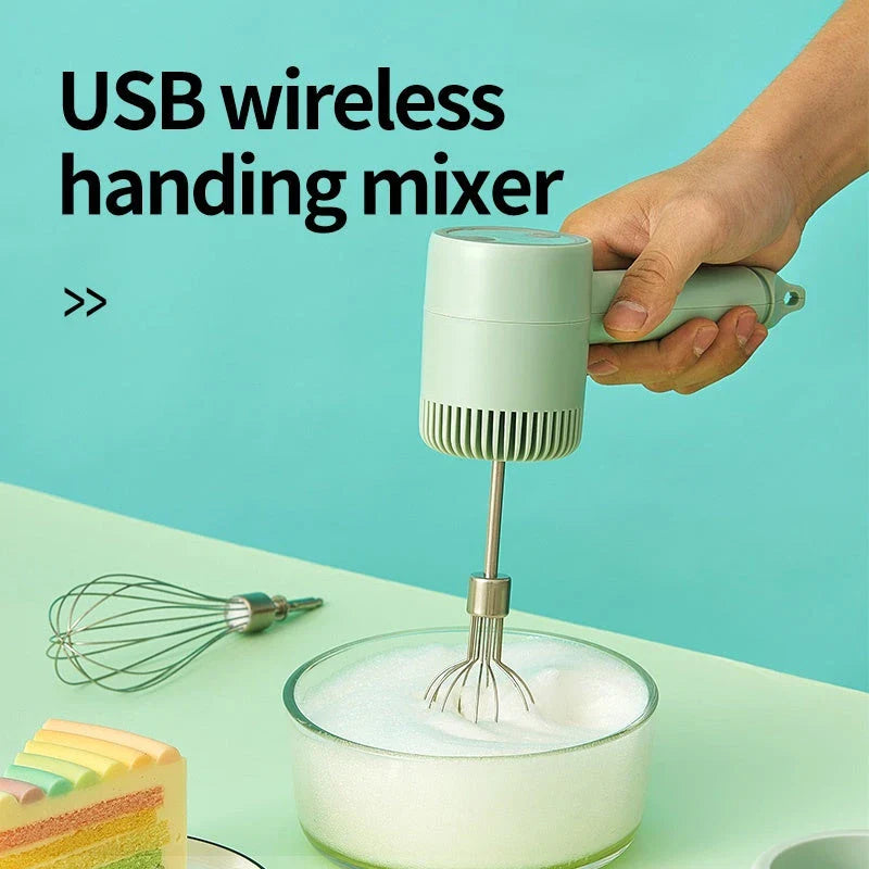 Cordless electric hand mixer with whisk and egg beater attachments, available in various colors
