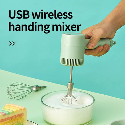 Cordless electric hand mixer with whisk and egg beater attachments, available in various colors