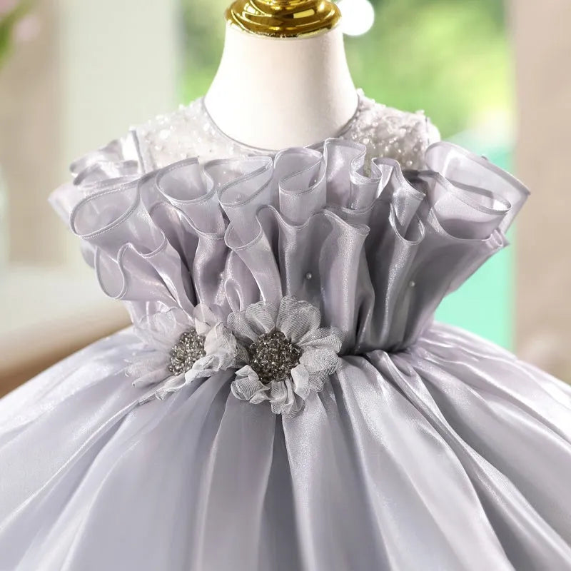 Girls' polyester princess dress in smoky gray, sleeveless round neck slim fit for birthday banquet