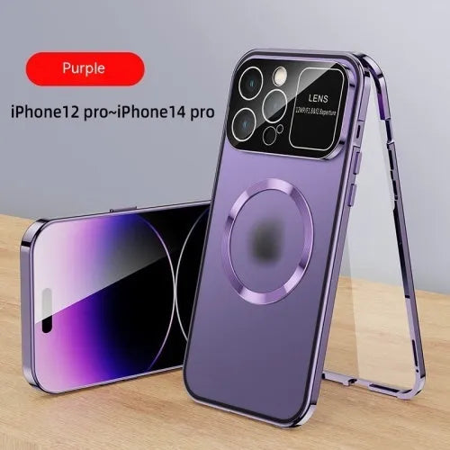 Metal peep-proof phone case with magnetic window for iPhone 16, black finish, all-inclusive design