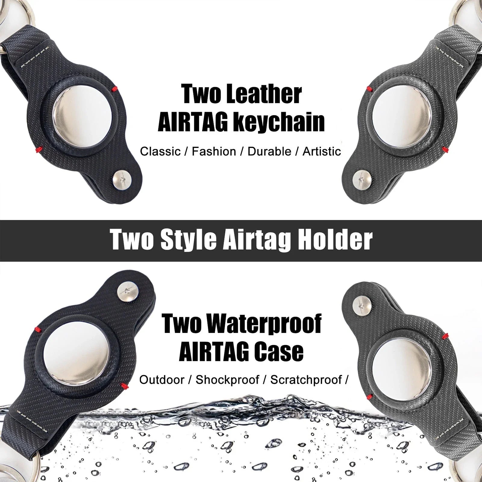 Stylish and durable PU leather AirTag key holder with keychain, available in black and grey colors