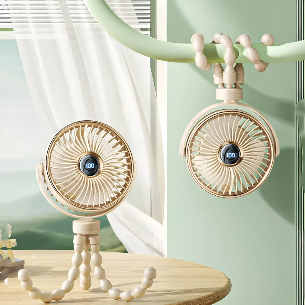 Beige portable octopus clip-on mini stroller fan with rotating head shown next to a USB cable
