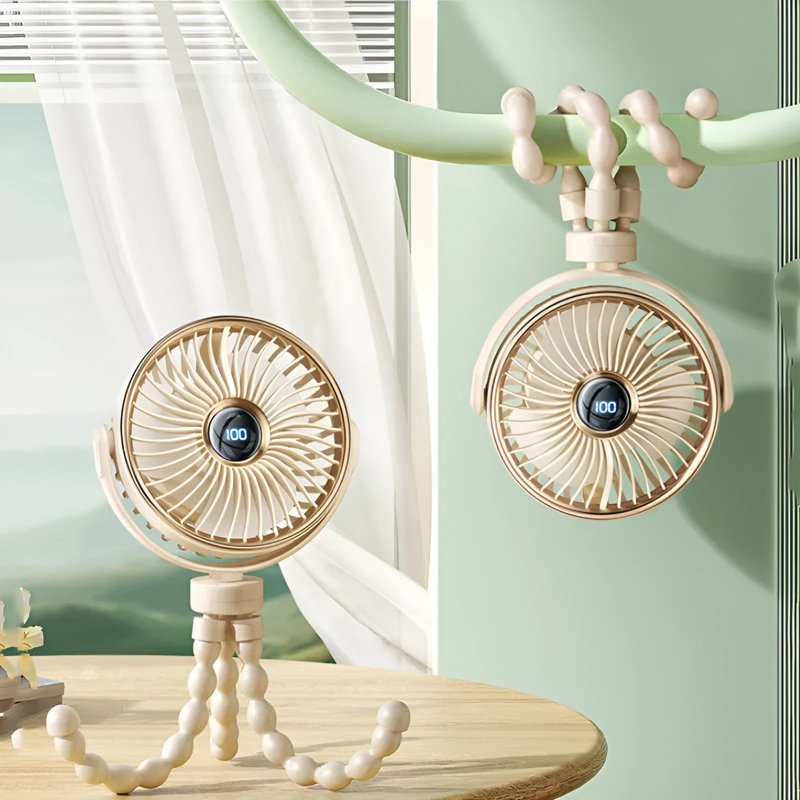 Beige portable octopus clip-on mini stroller fan with rotating head shown next to a USB cable