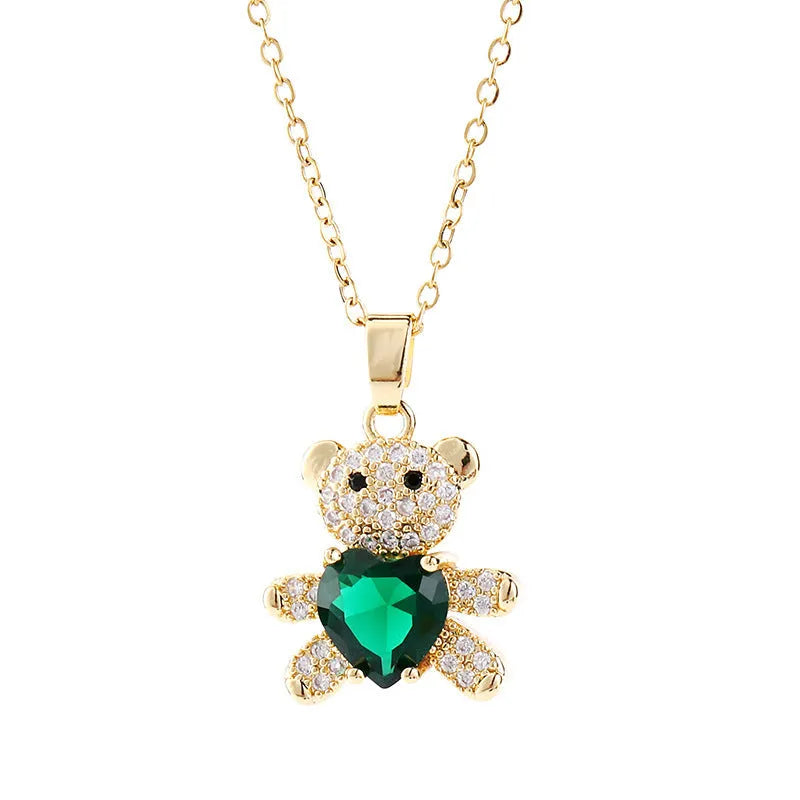Copper micro inlaid zircon bear love gem necklace in green on adjustable chain for women