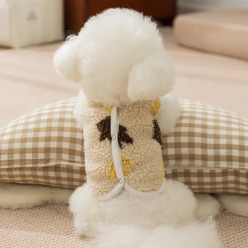 White Teddy bear printed Sherpa pet vest with button closure for small dogs and cats