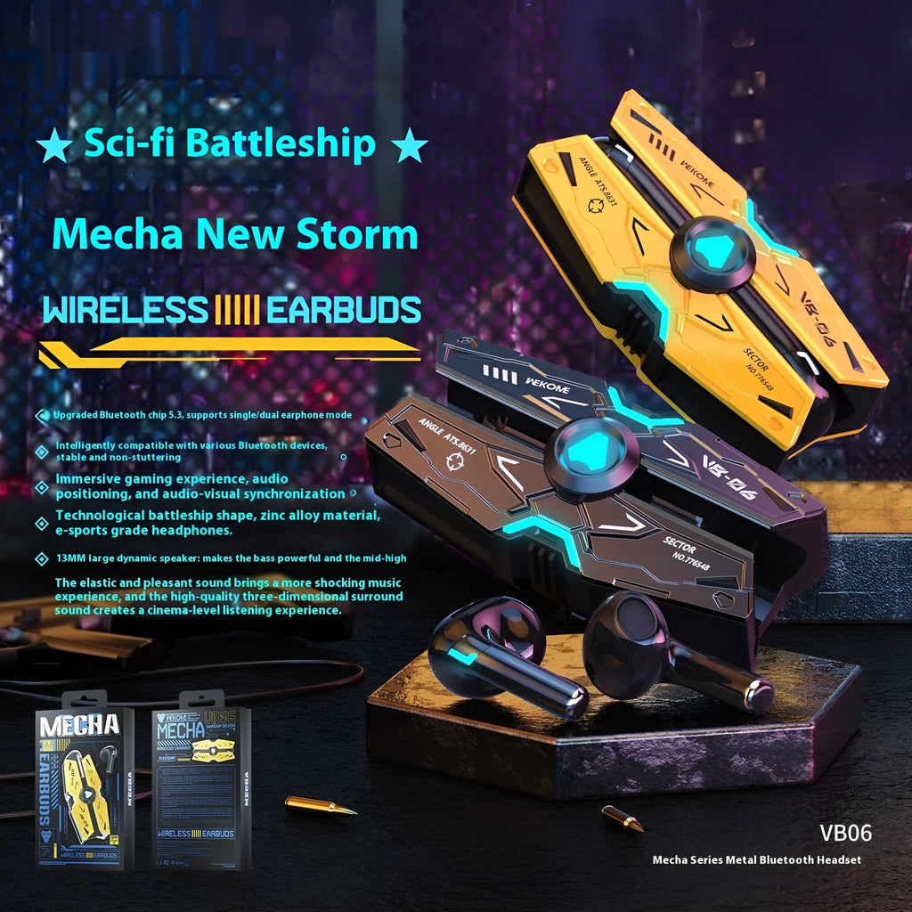 Mech Battleship three-generation alloy Bluetooth headset in tarnish, earplug style, metal construction