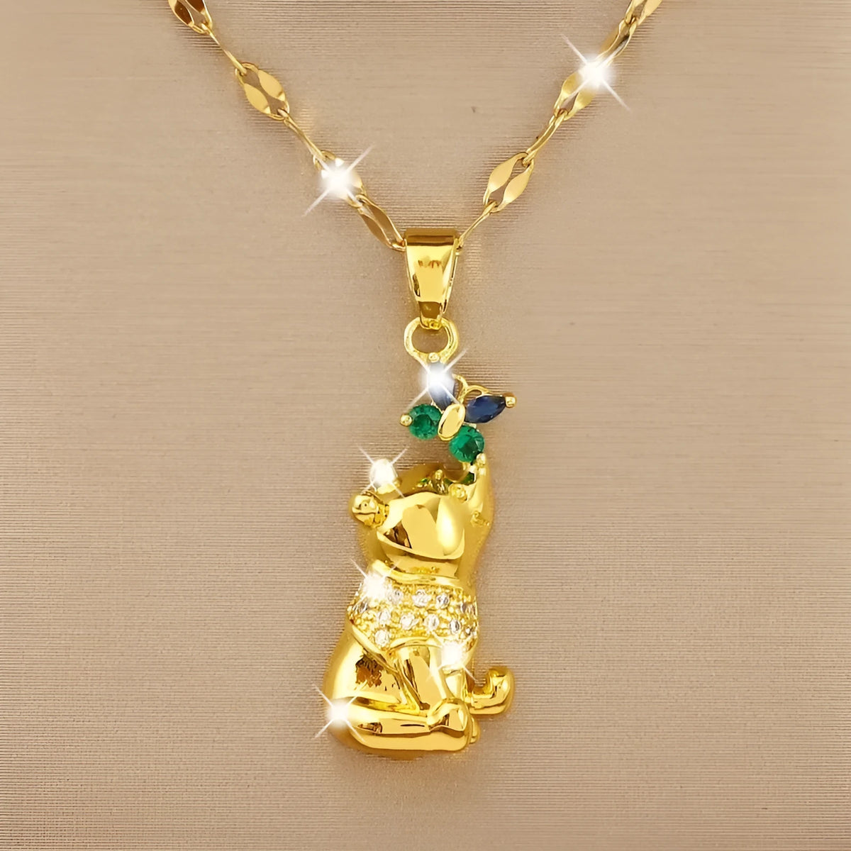 Gold copper necklace with heart pendant micro inlaid zircon bear butterfly design
