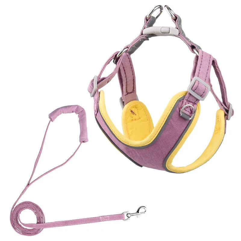 Adjustable suede dog harness and leash set in blue yellow colour for small to large dogs