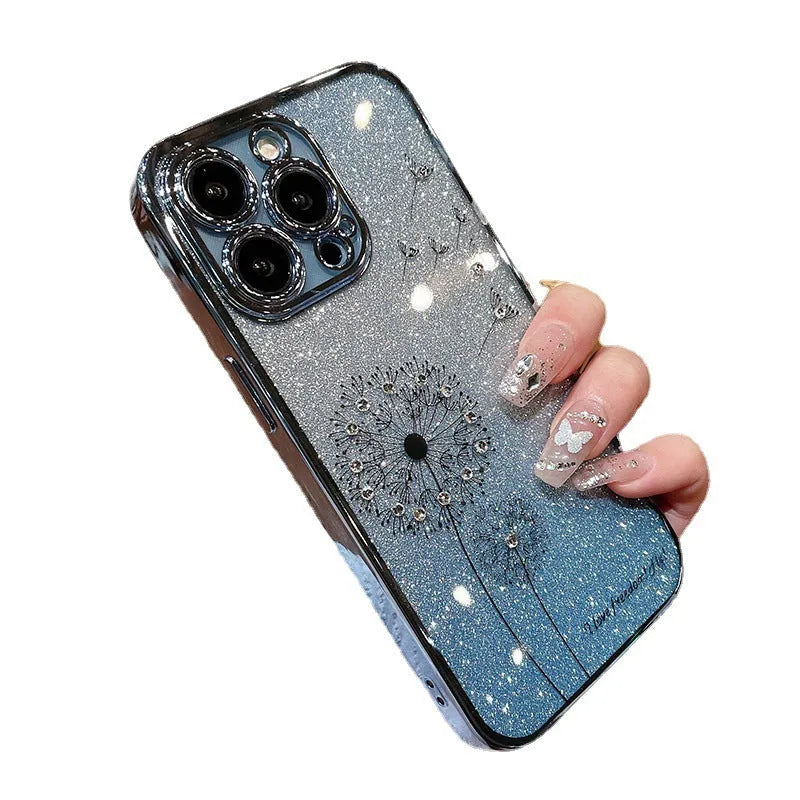 Dandelion gradient glitter silicone phone case for Apple iPhone in purple, drop resistant heat dissipation design