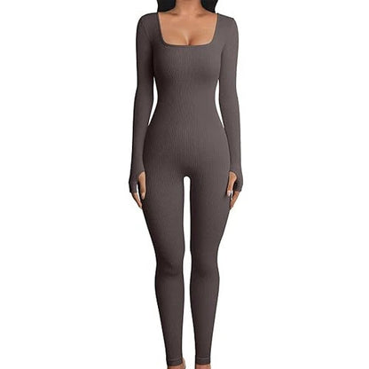 A fashionable women's yoga and fitness jumpsuit with a square neckline, long sleeves, and a tight-fitting silhouette.