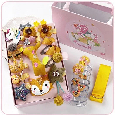 24-piece children's hair clip set with cartoon animal designs including blue fox and pink elephant