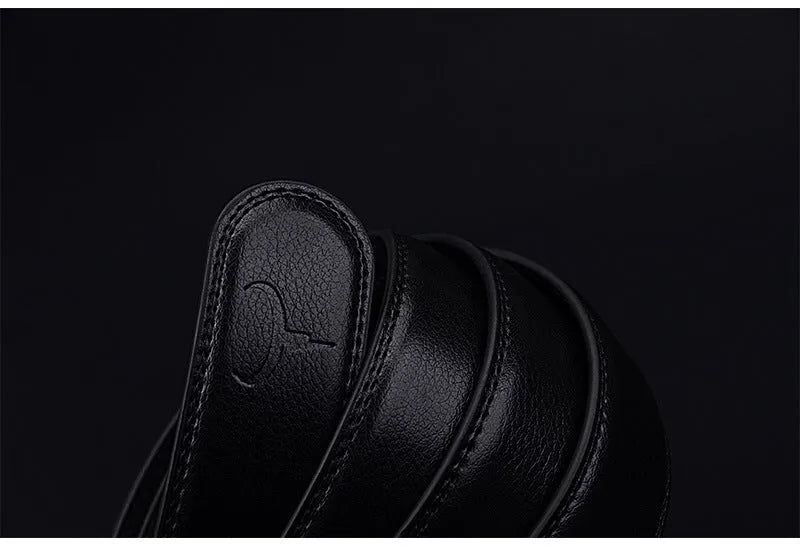 Automatic buckle two-layer cowhide belt men black rectangle alloy buckle single loop