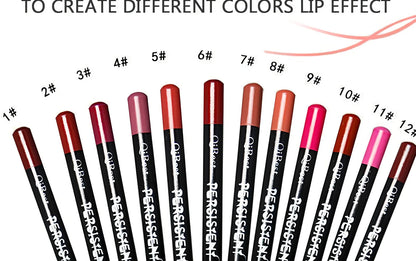 12-piece set of colourful waterproof lip liner pencils for professional makeup, including shades for lips, brows, and eyes