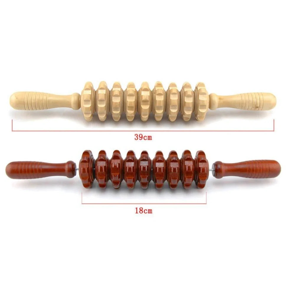 Wooden roller massage stick showing 39 cm length with 18 cm roller section and steel shaft construction