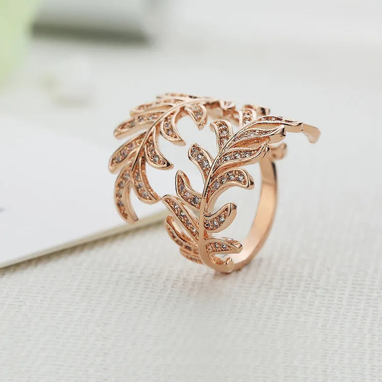 Set of two adjustable mimosa leaves rings in gold and silver alloy metal