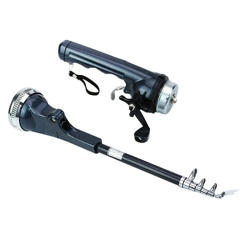 Foldable fishing rod in black colour, shrunk to 26.5cm, with built-in reel and epoxy resin construction