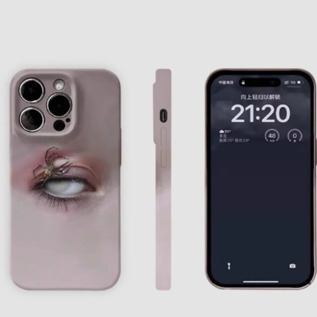 Dark frosted iPhone case with a heterochromatic spider graphic design.