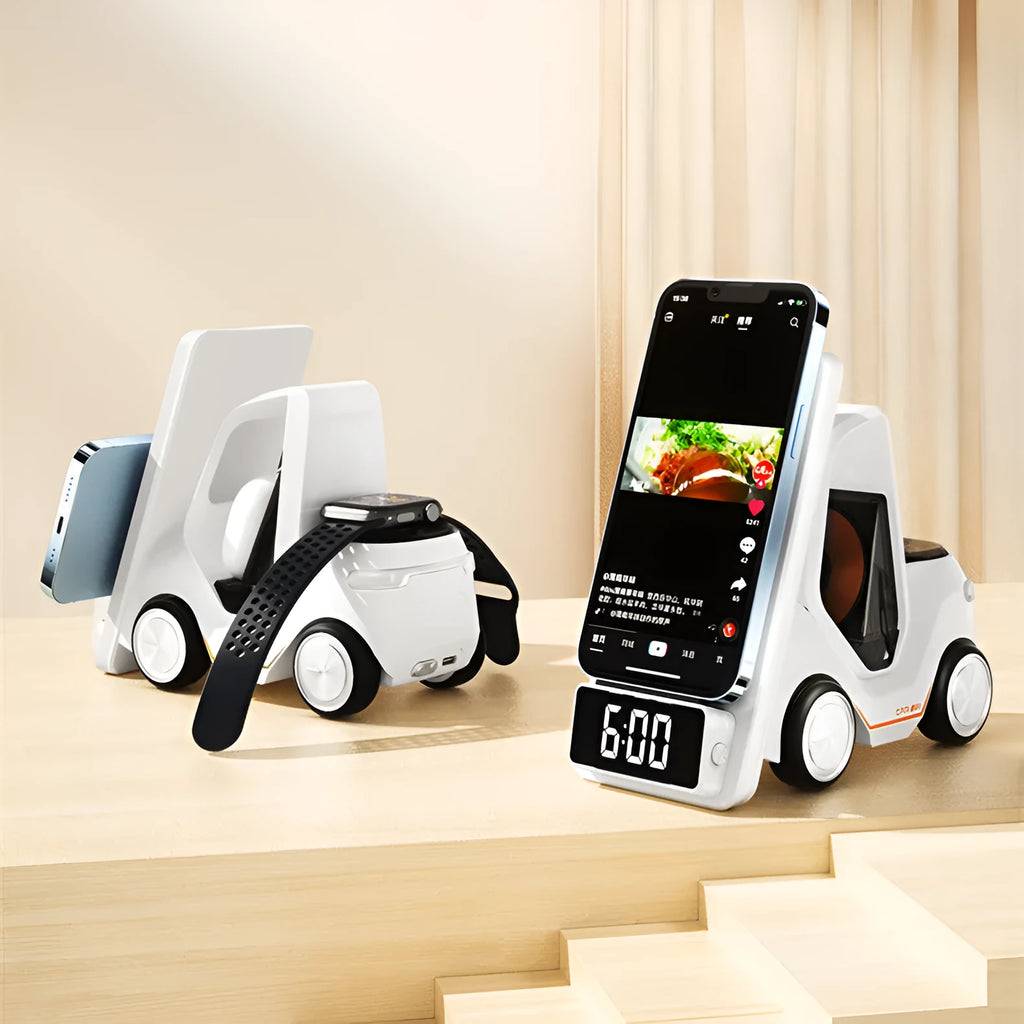 15W three-in-one wireless charging stand in grey, holding a phone, earbuds, and a smartwatch.