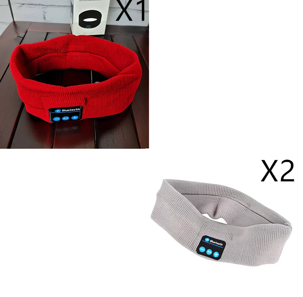 Black Bluetooth sports headband with integrated audio controls and 110mAh battery for workouts