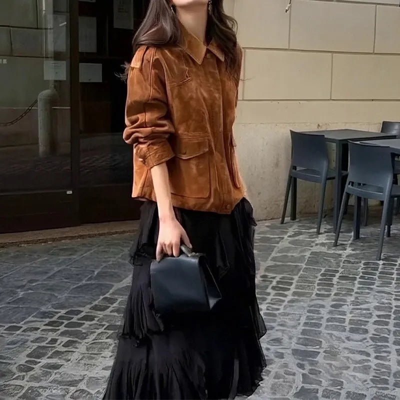 Women's brown suede coat with regular sleeves in street chic style showing front view