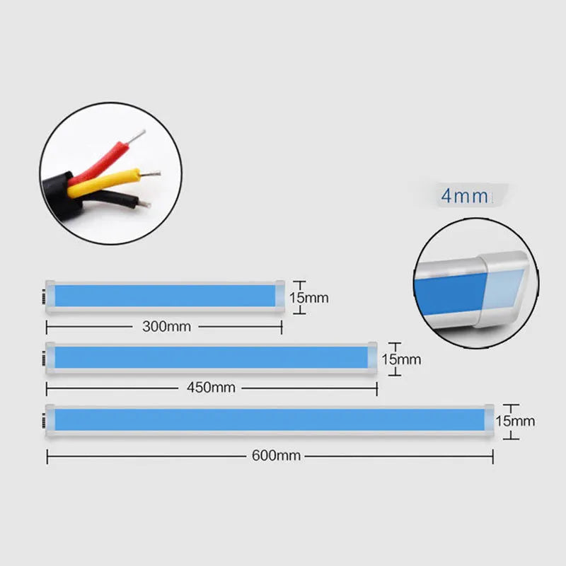 Flexible silicone LED car light strip for daytime running and turn signals, showing wiring connections.