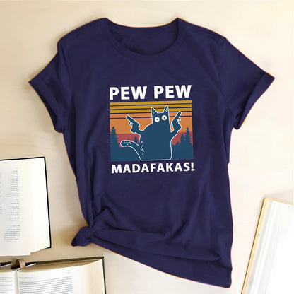 Short sleeve printed Maddakas T-shirt in navy blue, loose fit with round neck and hedging hems, sizes S to XXXL