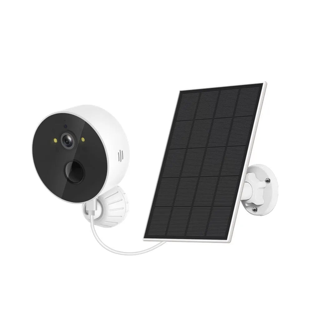 Outdoor security camera with attached solar panel on a wall mount