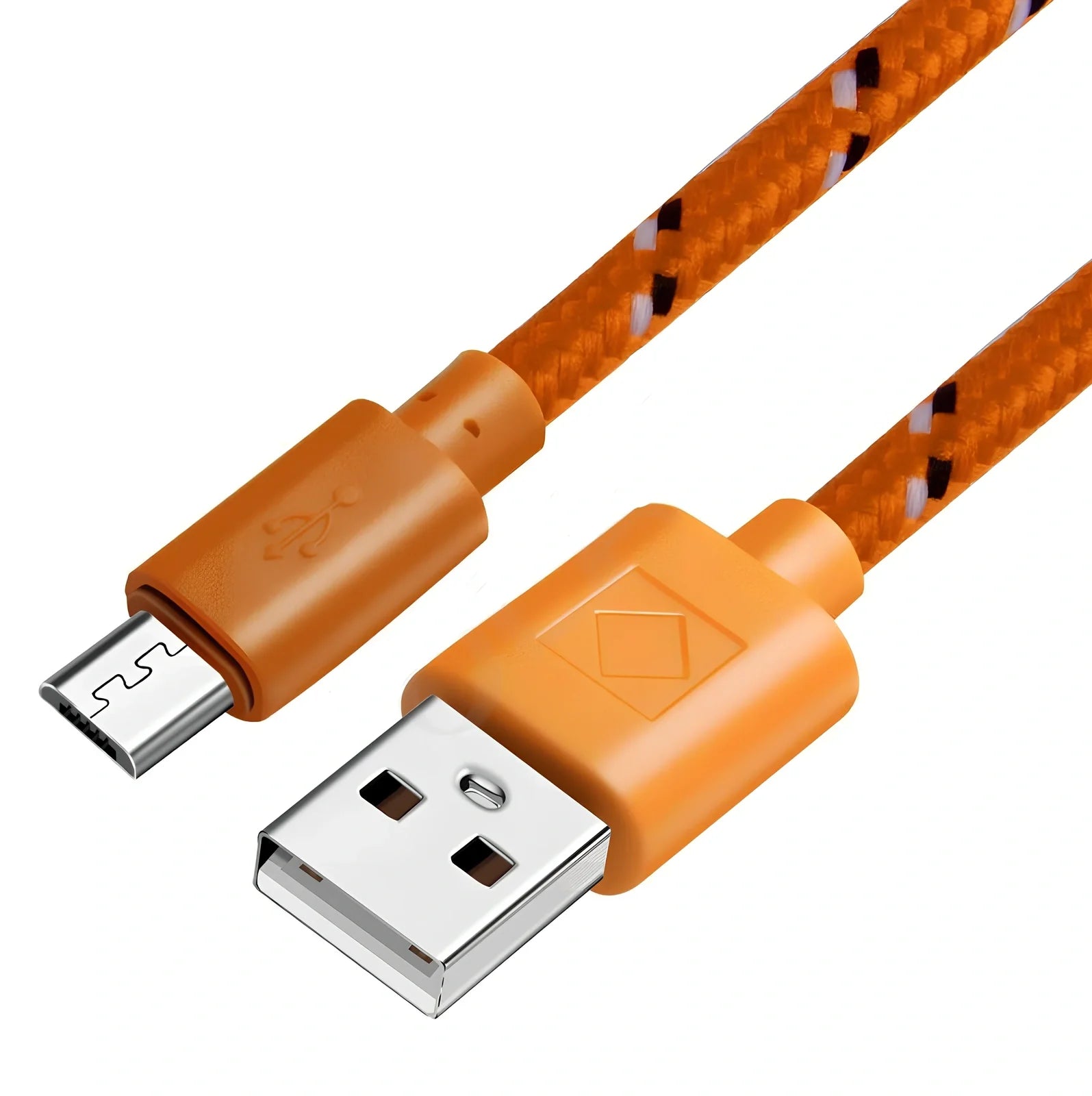 Woven nylon cloth data cable in multiple colours showing Android micro and USB-C connector options