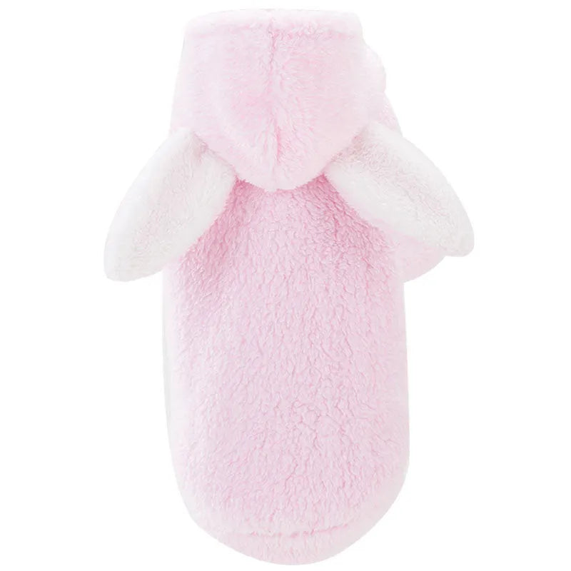 Funny cat clothes cotton pet outfit with cute pink rabbit design on a white background
