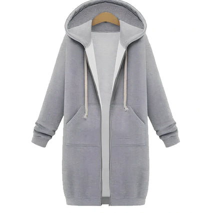 Women's hooded long-sleeved zipper jacket in army green, full length 106cm, 650g broadcloth for winter wear sizes S-5XL