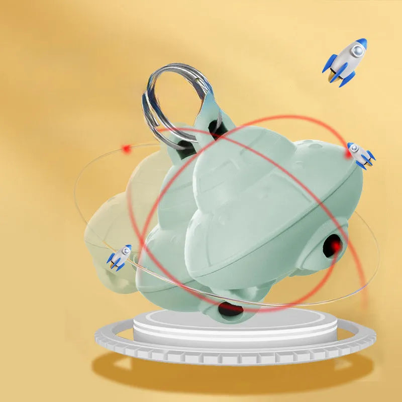 Green automatic cat laser toy attached to collar showing 360-degree rotation feature