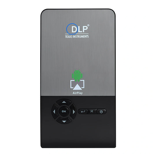C2 Android DLP HD 3D portable projector showing 100-inch wireless screen from phone
