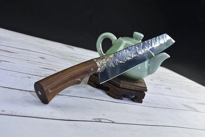 Hand-forged slicing knife with rosewood handle and leather case