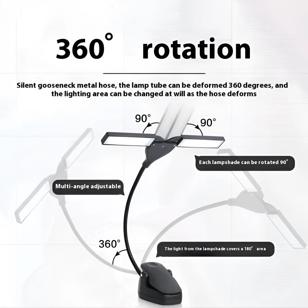 Black plastic music stand lamp with 28 LED lights and a USB charging cable on a music stand.