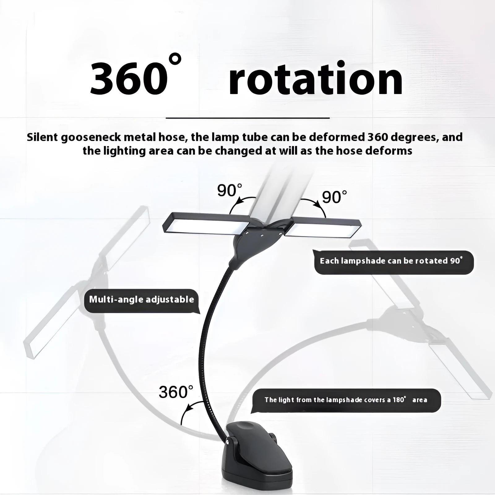 Black plastic music stand lamp with 28 LED lights and a USB charging cable on a music stand.