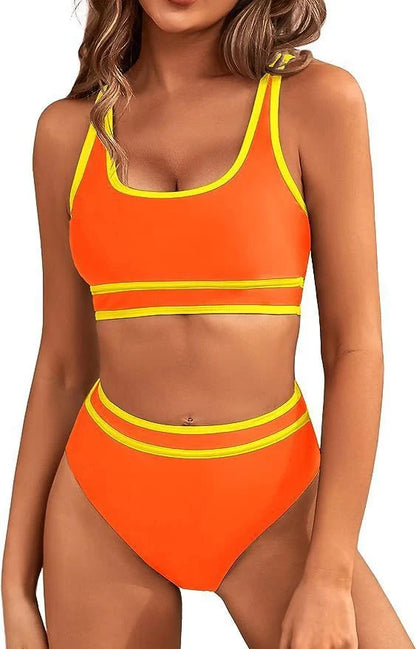 Women's tight-fitting solid colour bikini swimsuit with 15% spandex lining, available in multiple vibrant colours