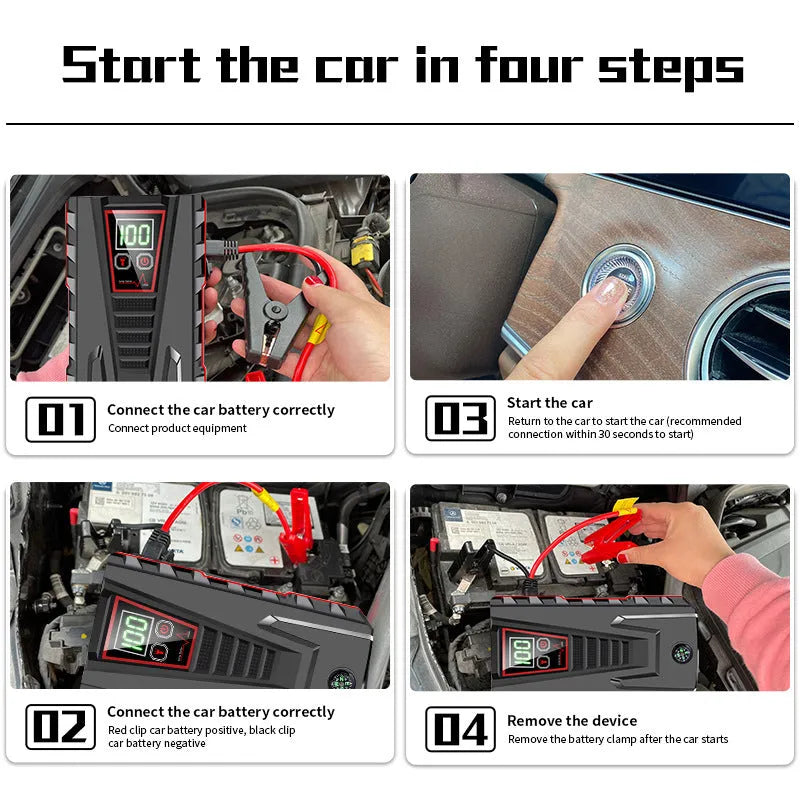 Black emergency car jump starter in toolbox style with battery clamp on side