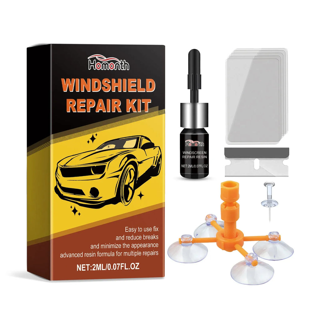 Windshield repair kit with 2ml repair fluid, bracket, blade, curing films, and teasing needle for car glass crack fix